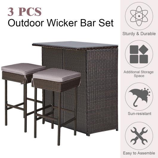 3 Pieces Patio Rattan Wicker Bar Table Stools Dining Set-Gray & Off White at Set Shop and Smile