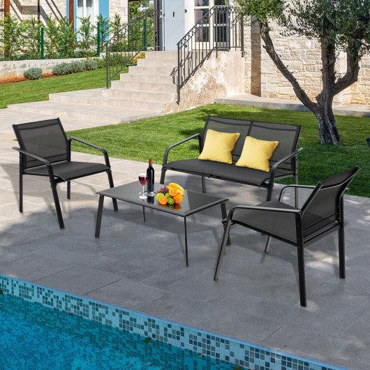 4 Pieces Patio Furniture Set with Armrest Loveseat Sofas and Glass Table Deck-Black at Set Shop and Smile