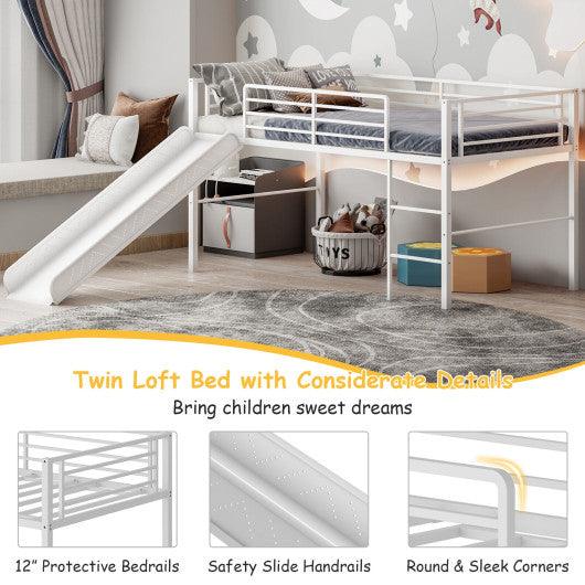 Twin Metal Loft Bed with Slide Safety Guardrails and Built-in Ladder-White at Set Shop and Smile