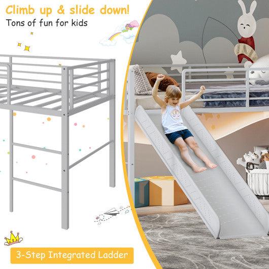 Twin Metal Loft Bed with Slide Safety Guardrails and Built-in Ladder-Silver at Set Shop and Smile