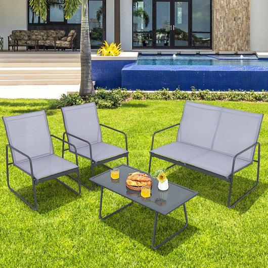 4 Pieces of Metal Patio Furniture Chat Set with Tempered Glass Coffee Table at Set Shop and Smile