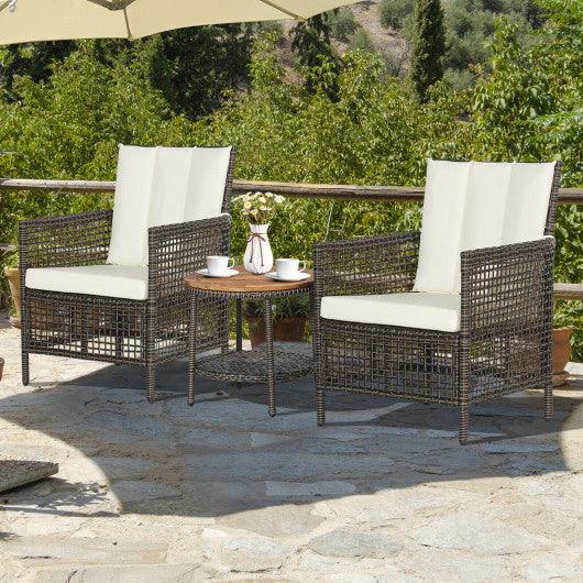 3 Pieces Patio Rattan Furniture Set with Cushioned Sofas and Wood Table Top-White at Set Shop and Smile