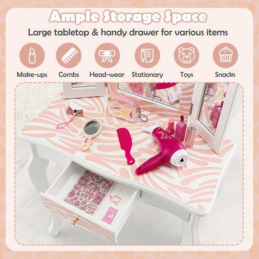 2-in-1 Kids Vanity Table Set with Tri-folding Mirror-Pink at Set Shop and Smile