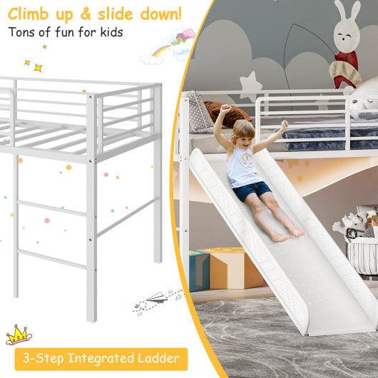 Twin Metal Loft Bed with Slide Safety Guardrails and Built-in Ladder-White at Set Shop and Smile