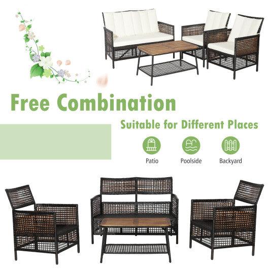 4 Pieces Patio Rattan Furniture Set with 2-Tier Coffee Table-White at Set Shop and Smile