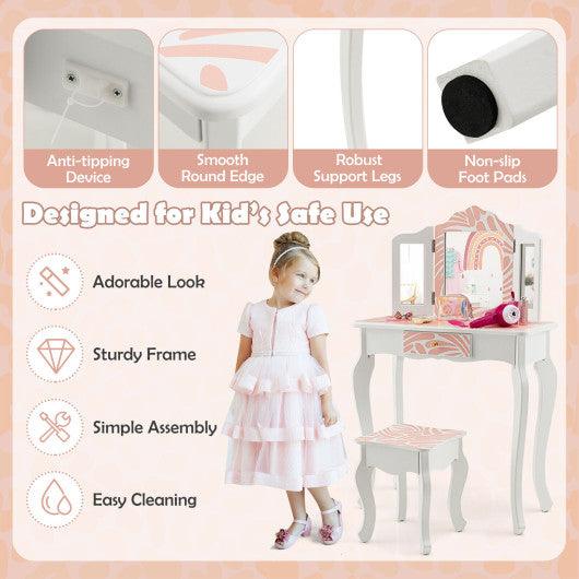 2-in-1 Kids Vanity Table Set with Tri-folding Mirror-Pink at Set Shop and Smile