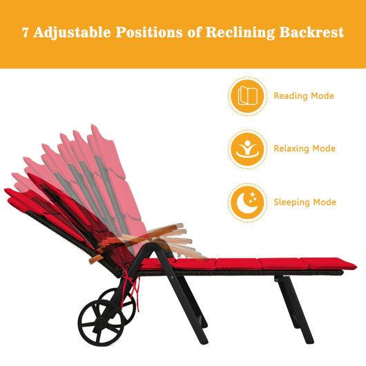 Folding Patio Rattan Lounge Chair with Wheels-Red at Set Shop and Smile
