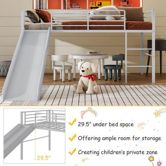 Twin Metal Loft Bed with Slide Safety Guardrails and Built-in Ladder-Silver at Set Shop and Smile