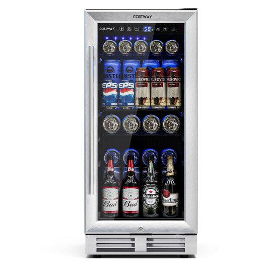 15 Inch 100 Can Built-in Freestanding Beverage Cooler Refrigerator with Adjustable Temperature and Shelf-Silver at Set Shop and Smile