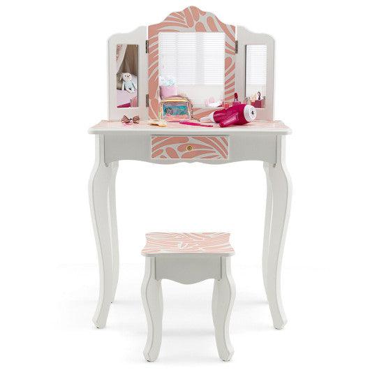 2-in-1 Kids Vanity Table Set with Tri-folding Mirror-Pink at Set Shop and Smile