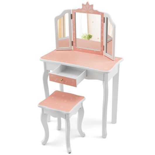 Princess Vanity Table and Chair Set with Tri-Folding Mirror and Snowflake Print-Pink at Set Shop and Smile