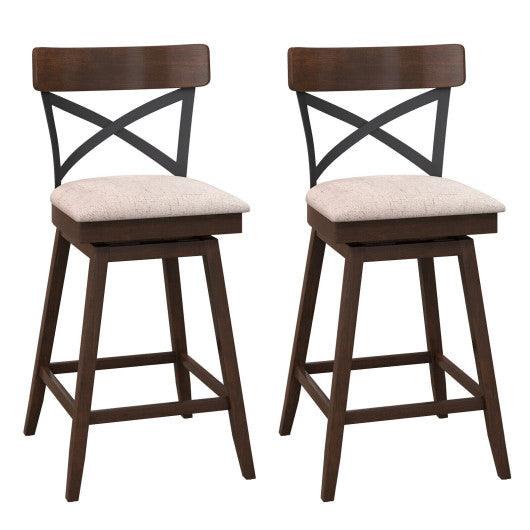 Set of 2 Wooden Swivel Bar Stools with Cushioned Seat and Open X Back-25 Inch at Set Shop and Smile