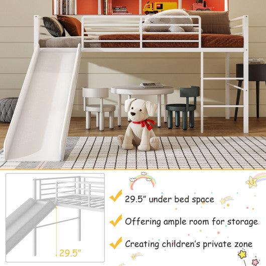 Twin Metal Loft Bed with Slide Safety Guardrails and Built-in Ladder-White at Set Shop and Smile