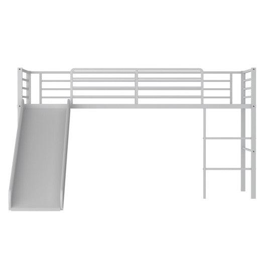 Twin Metal Loft Bed with Slide Safety Guardrails and Built-in Ladder-Silver at Set Shop and Smile