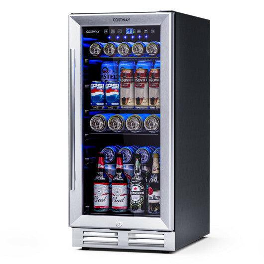 15 Inch 100 Can Built-in Freestanding Beverage Cooler Refrigerator with Adjustable Temperature and Shelf-Silver at Set Shop and Smile