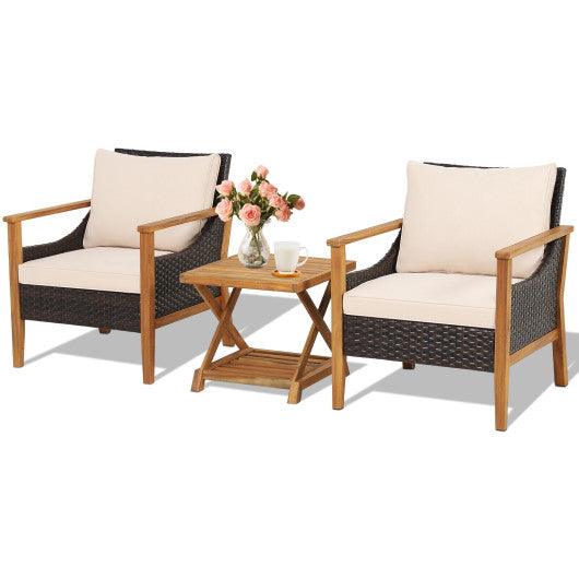 3 Pieces Patio Wicker Furniture Set with 2-Tier Side Table and Cushioned Armchairs-Natural at Set Shop and Smile