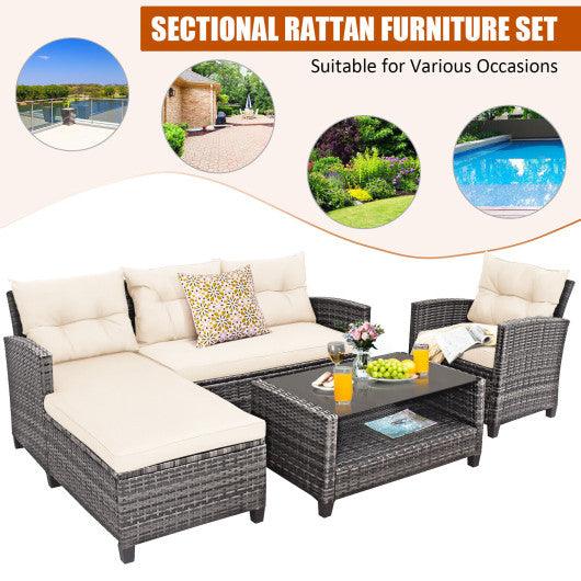 4 Pieces Patio Rattan Furniture Set with Cushion and Table Shelf-Off White at Set Shop and Smile