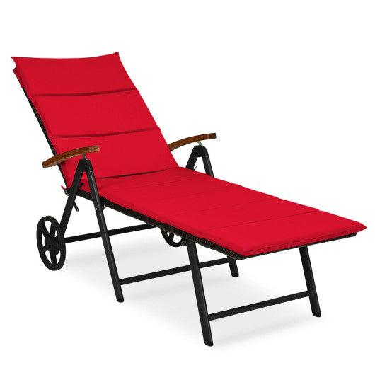 Folding Patio Rattan Lounge Chair with Wheels-Red at Set Shop and Smile