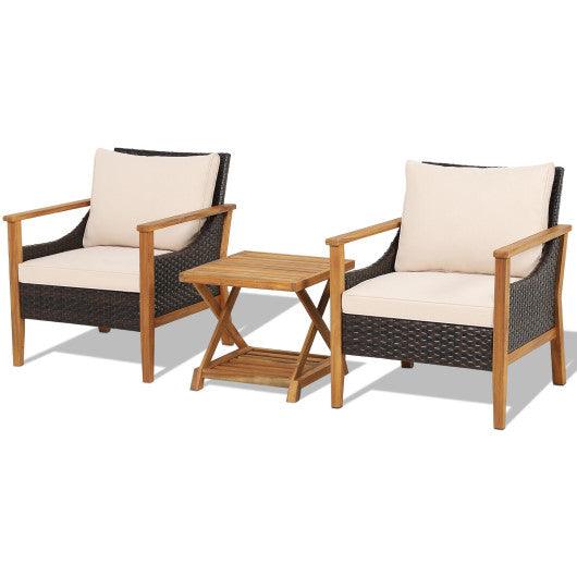 3 Pieces Patio Wicker Furniture Set with 2-Tier Side Table and Cushioned Armchairs-Natural at Set Shop and Smile