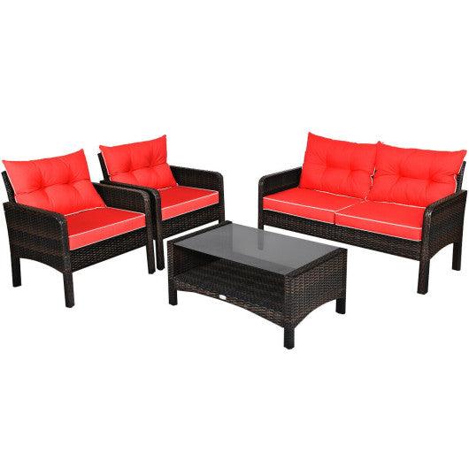 4 Pieces Outdoor Rattan Wicker Loveseat Furniture Set with Cushions-Red at Set Shop and Smile