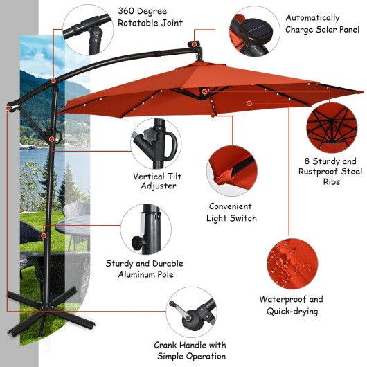 10 ft 360° Rotation Solar Powered LED Patio Offset Umbrella without Weight Base-Orange at Set Shop and Smile