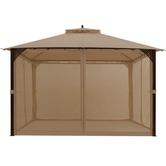 12 x 10 Feet Outdoor Double Top Patio Gazebo with Netting-Brown at Set Shop and Smile