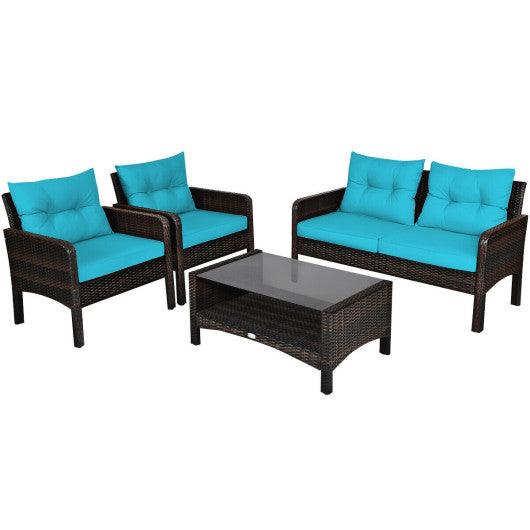 4 Pieces Outdoor Rattan Wicker Loveseat Furniture Set with Cushions-Turquoise at Set Shop and Smile
