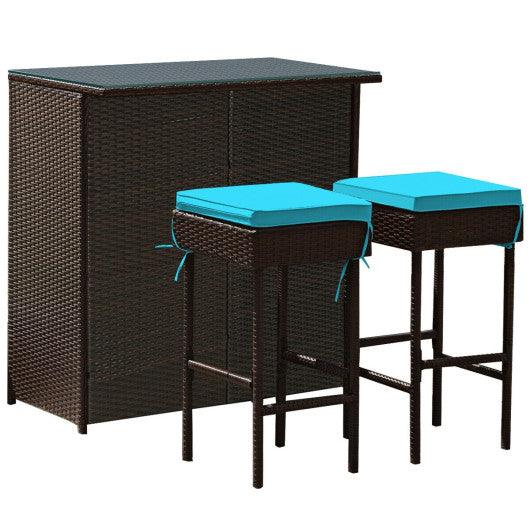 3PCS Patio Rattan Wicker Bar Table Stools Dining Set-Turquoise at Set Shop and Smile