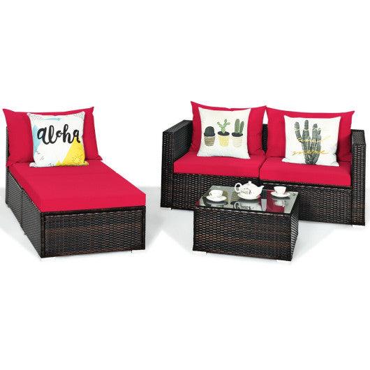 5 Pieces Patio Rattan Sectional Furniture Set with Cushions and Coffee Table-Red at Set Shop and Smile