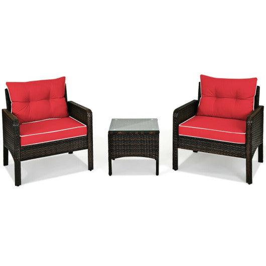 3 Pcs Outdoor Patio Rattan Conversation Set with Seat Cushions-Red at Set Shop and Smile