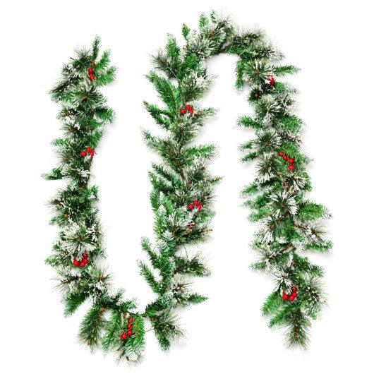 9 Feet Pre-lit Snow Flocked Tips Christmas Garland with Red Berries at Set Shop and Smile
