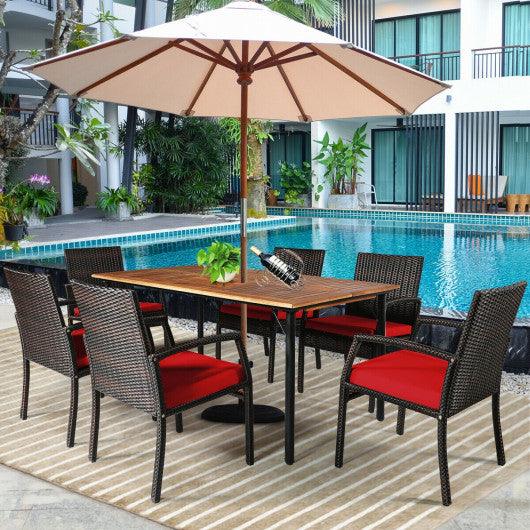7Pcs Patio Rattan Cushioned Dining Set with Umbrella Hole-Red at Set Shop and Smile