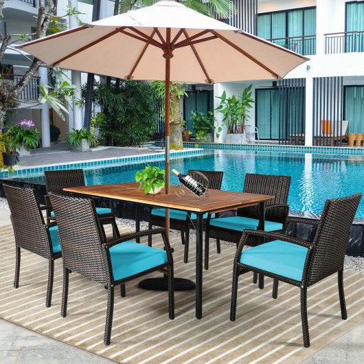7Pcs Patio Rattan Cushioned Dining Set with Umbrella Hole-Turquoise at Set Shop and Smile