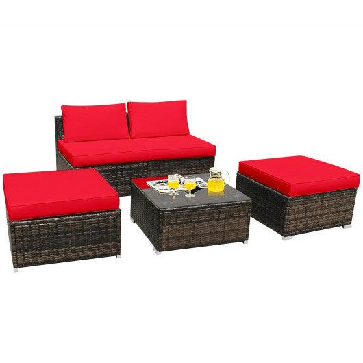 5 Pieces Patio Rattan Furniture Set with Cushioned Armless Sofa-Red at Set Shop and Smile