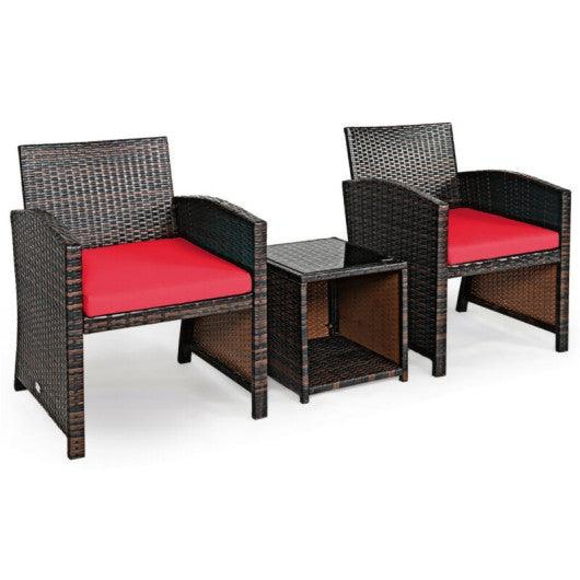 3 Pieces PE Rattan Wicker Furniture Set with Cushion Sofa Coffee Table for Garden-Red at Set Shop and Smile
