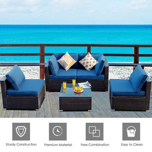 5 Pieces Cushioned Patio Rattan Furniture Set with Glass Table-Navy at Set Shop and Smile