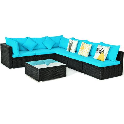 7-Piece Outdoor Sectional Wicker Patio Sofa Set with Tempered Glass Top-Blue at Set Shop and Smile