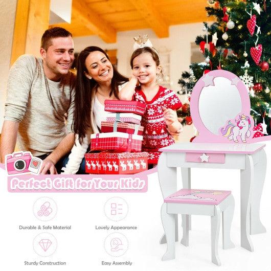 Kids Wooden Makeup Dressing Table and Chair Set with Mirror and Drawer-White at Set Shop and Smile