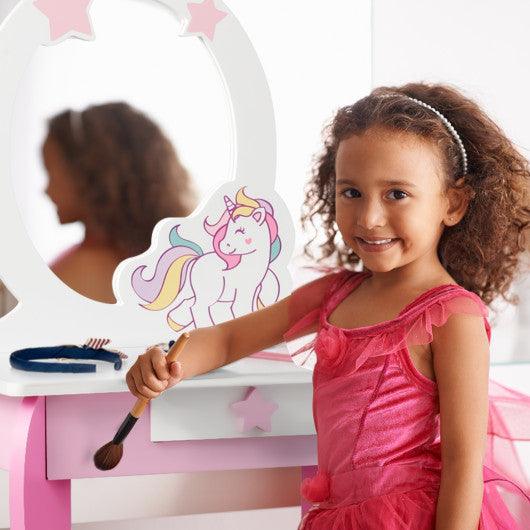 Kids Wooden Makeup Dressing Table and Chair Set with Mirror and Drawer at Set Shop and Smile