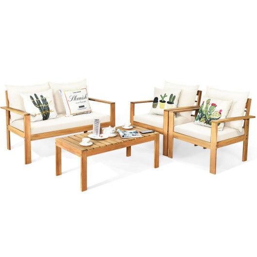 4 Pieces Patio Acacia Wood Thick Cushion Loveseat Sofa Set-White at Set Shop and Smile