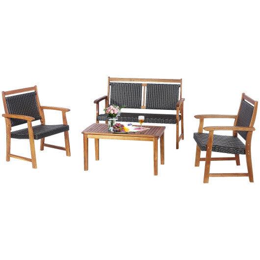4 Pieces Outdoor Patio Rattan Furniture Sofa Set with Acacia Wood Frame at Set Shop and Smile