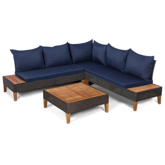 4 Pieces Patio Cushioned Rattan Furniture Set with Wooden Side Table-Navy at Set Shop and Smile