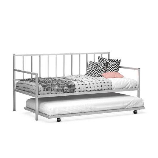 Twin Metal Daybed Sofa Bed Set with Roll Out Trundle-Silver at Set Shop and Smile