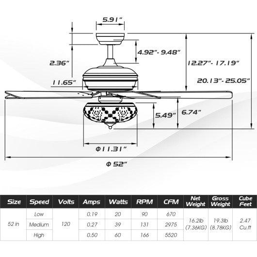 52 Inch Ceiling Fan with 3 Wind Speeds and 5 Reversible Blades-Gray at Set Shop and Smile