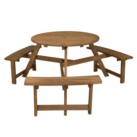 6-person Round Wooden Picnic Table with Umbrella Hole and 3 Built-in Benches-Dark Brown at Set Shop and Smile