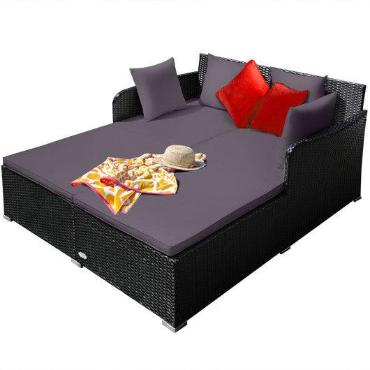 Spacious Outdoor Rattan Daybed with Upholstered Cushions and Pillows-Gray at Set Shop and Smile