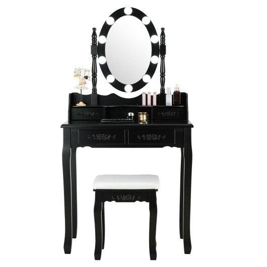 Makeup Dressing Table with Touch Switch Lighted Mirror and Cushioned Stool-Black at Set Shop and Smile