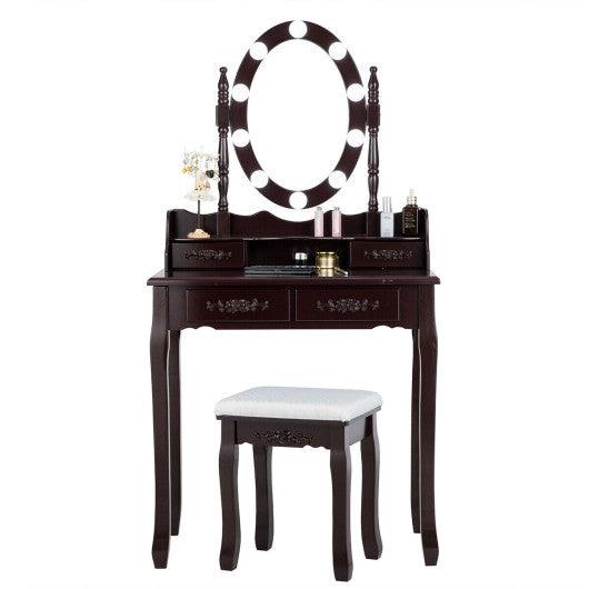 Makeup Dressing Table with Touch Switch Lighted Mirror and Cushioned Stool-Brown at Set Shop and Smile