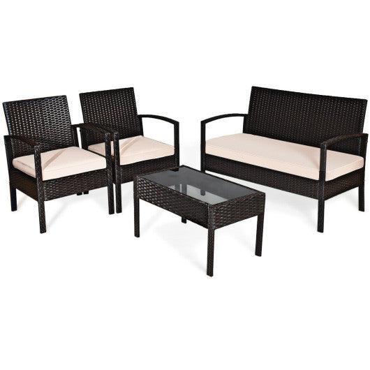 4 Pieces Patio Ratten Conversation Set with Loveseat Sofas and Coffee Table at Set Shop and Smile