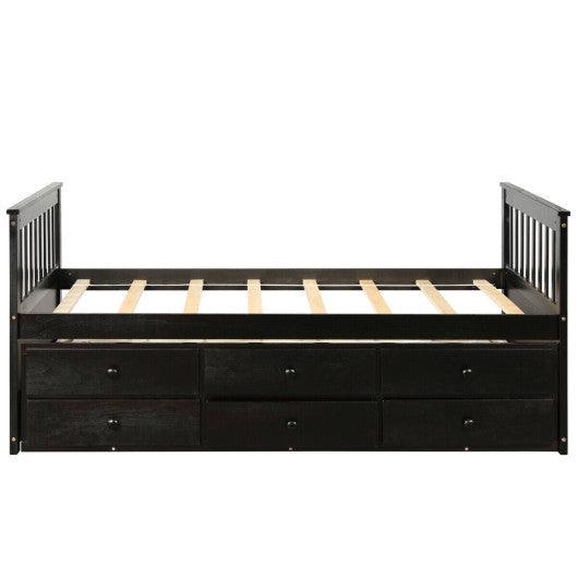 Twin Captain’s Bed with Trundle and 3 Storage Drawers-Dark Brown at Set Shop and Smile